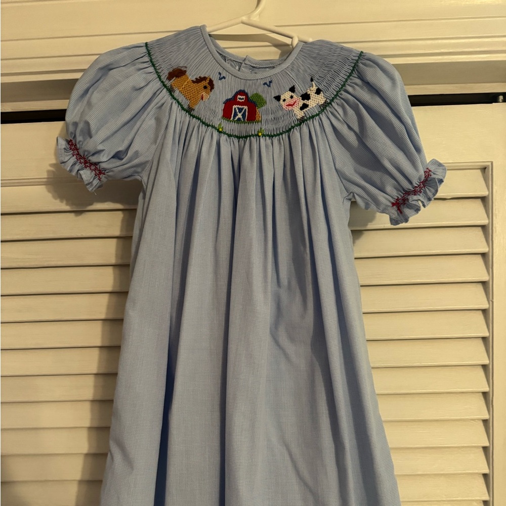 Light Blue Smocked Farm Animal Kids Dress